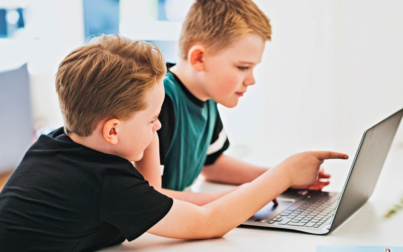 To drenge sidder med en laptop