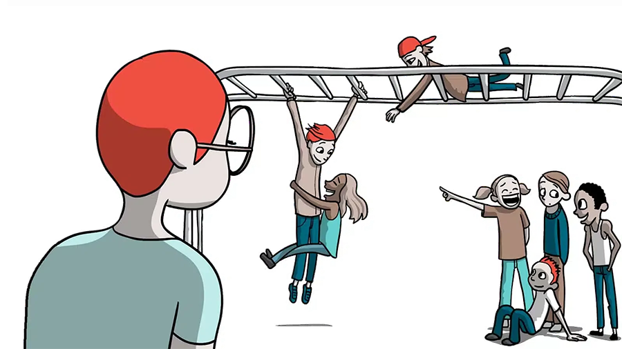 Tegning af en voksen der kigger på børn der leger på en legeplads