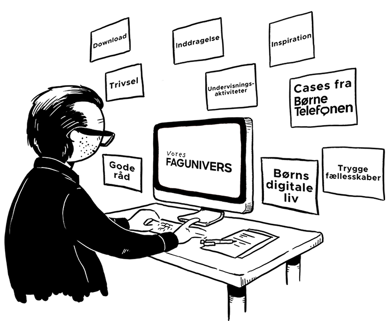 Grafik af en mand der sidder foran en computer